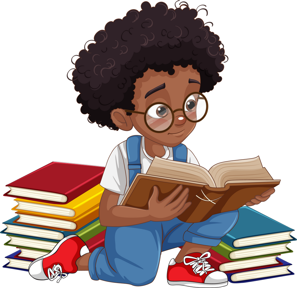 Afro African with Curly Hair Boy Reading a Book